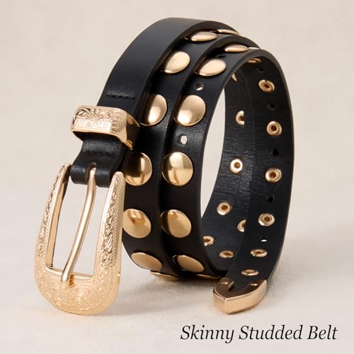 XZQTIVE Women's Punk Studded Skinny Belt – Western Belt with Engraved Buckle for Jeans & Dresses3