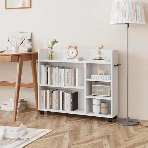 VECELO Book Cart, Wood Rolling Library Book Truck with Lockable Wheels and Adjustable Shelves, for Home Office, White