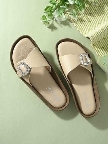 Image of Women Fashion Cross Strap Sliders with Crystal Buckle | Stylish Casual Slip-On Sandals for Women | Lightweight Comfort Slides Everyday Wear