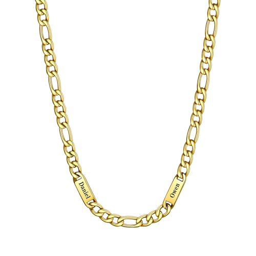 Custom4U Personalized Stainless Steel Figaro Chain for Men Women, 5mm/7mm Width Engraving 1-5 Names Figaro Chain Necklace, Steel/14K Gold Plated/Black Fathers Day Gift Hip Hop Jewelry+Send G