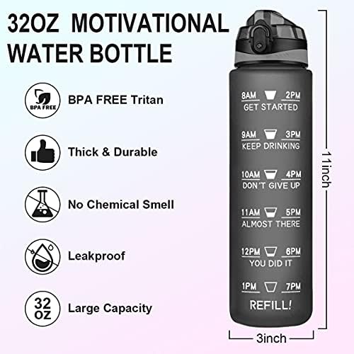 1 Litre Water Bottle, Sports Motivational Water Bottle with Time Markings, Leakproof BPA Free Reusable Gym Water Bottle, Drinking Bottles for Cycling Fitness Outdoor, 32oz (Gray)