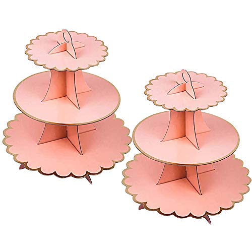 Lot de 2 Supports à Cupcakes en Carton 3 étages, Presentoir a Gateau Carton Décoration pour Fêtes Prénatales, Mariages, Anniversaires (Pink) Cover