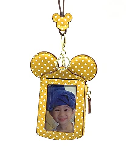 Travel Neck Pouch, Cute Animal Mickey ID Case Card Holder Cute Small Fashion Student ID Card Holder Coin Wallet Purse for Women/Girls/Children (Yellow/Dots)