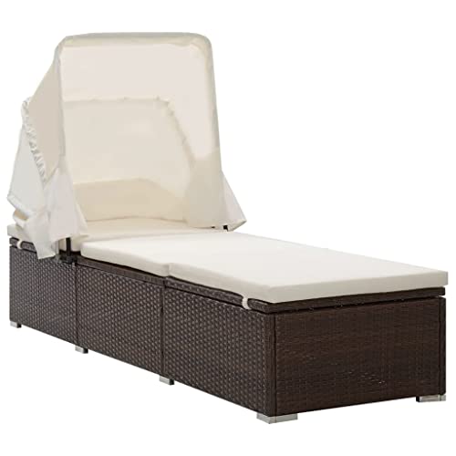 vidaXL Chaise Longue avec Auvent et Coussin Bain de Soleil de Jardin Transat de Patio Chaise Longue d'Extérieur Terrasse Résine Tressée Marron
