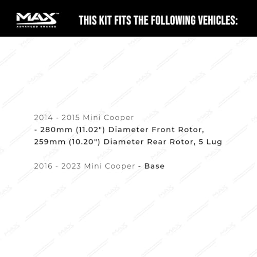 Image of Max Advanced Brakes Front & Rear Brake Kit Compatible With 2014 2015 2016 2017 2018-2022 2023 Mini Cooper Base 5 Lug Replacement Geomet Coated OE Disc Brake Rotors and Ceramic Brake Pads