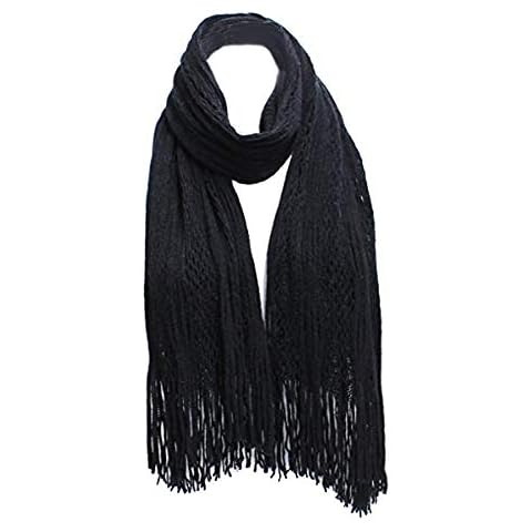 LL Womens Winter Scarf Open Crochet Knit Tassels Solid Black Multi Pattern Cover