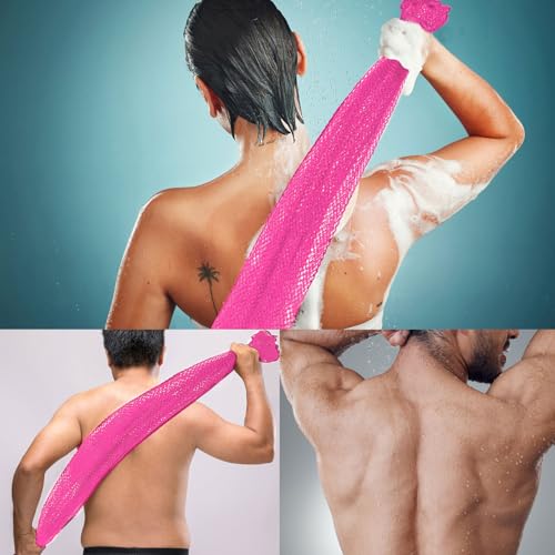 JASSINS African Net Long Bath Net Sponge, African Bathing Sponge,Body Exfoliating Long Net Shower Body Scrubber Back Scrubber Skin Smoother,Stretch Length To 66 Inch (Pink)