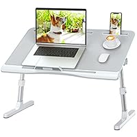Laptop Bed Tray Table, (PVC Leather) Adjustable Laptop Desk for Bed and Sofa/Couch, Foldable Bed Laptop Stand with in-Built Slot for Tablet, iPad, Phone (Large, Grey)