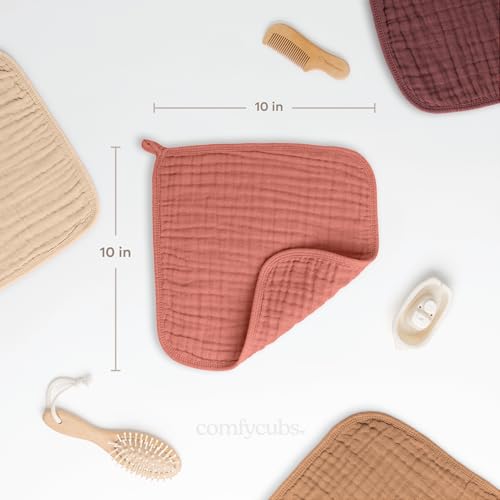 Image of Comfy Cubs Muslin Baby Washcloths 10 Pack - Soft 6-Layer Cotton Wash Cloths for Sensitive Skin - 10 inchx10 inch Large, Gentle, Absorbent Infant Essentials for Newborn and Toddlers - Dusty Rose