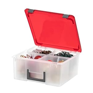 IRIS USA 26.7 Qt. Portable Divider Holiday Storage Bin, 4-Compartment Container Tote with Removable Dividers for Ornaments Decorations Banners Garlands Decorative Cloths Pinecones Puppets, Clear/Red