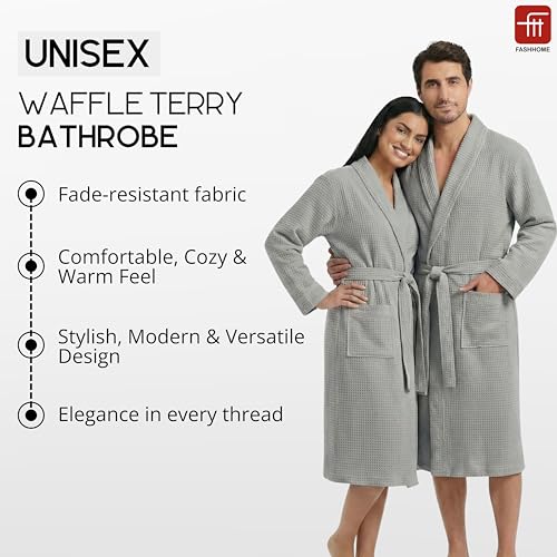 Image of Fash Home-Unisex Bathrobe-Waffle design at Top & Soft TerryTowel inside for quick absorbancy and softness -100% Soft Cotton |Full Size | Perfect for Royal Elite Class Men /Women /Couples (Natural Grey)