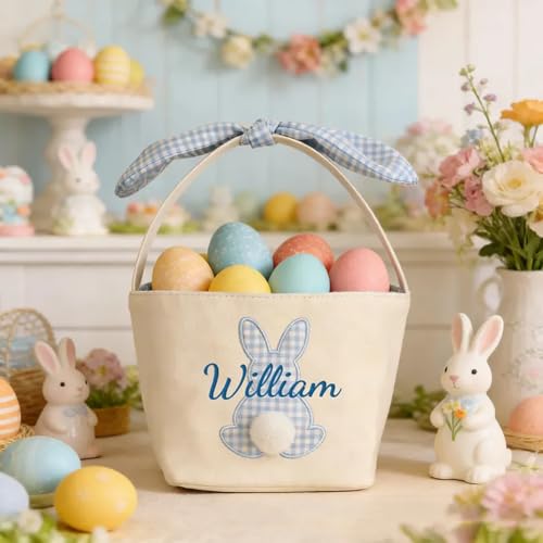 Personalized Easter Basket for Girls and Boys- Custom Name Bunny Rabbit Easter Basket - Unique Gift Basket for Kids - Easter Egg Hunt Basket