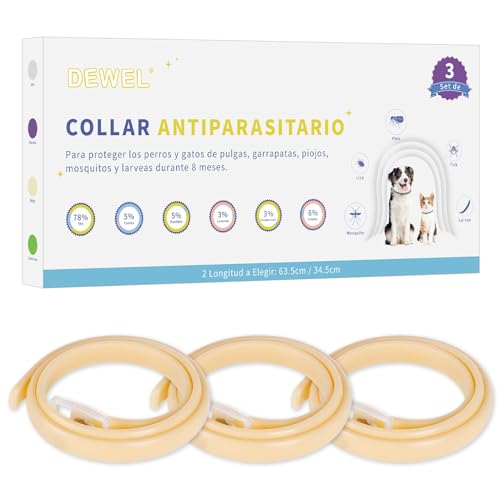 DEWEL Set de 3 Collar Antipulgas y Garrapatas para Perros y Gatos, 8 Meses de Protección, Collar Perros contra Pulgas para Mascotas Grandes, Medianas y Pequeñas, Longitud 63.5 cm, Beige