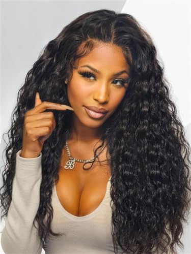Image of Sunber Water Wave Bye Bye Knots Glueless Human Hair Wig 7x5 HD Lace 18inch | Pre Cut Lace Front Wig Pre Plucked Pre Bleached Knots Drawstring Wear and Go Wig with 4C Edges Ready to Go for Women