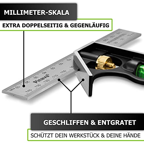 Foto von PINAVA® Kombinationswinkel 150mm [Gegenläufige Skala & präzise Winkel] - Kombiwinkel klein, Universalwinkel mit Metall Anschlag - Perfekt ablesbarer Multiwinkel, Combination Square