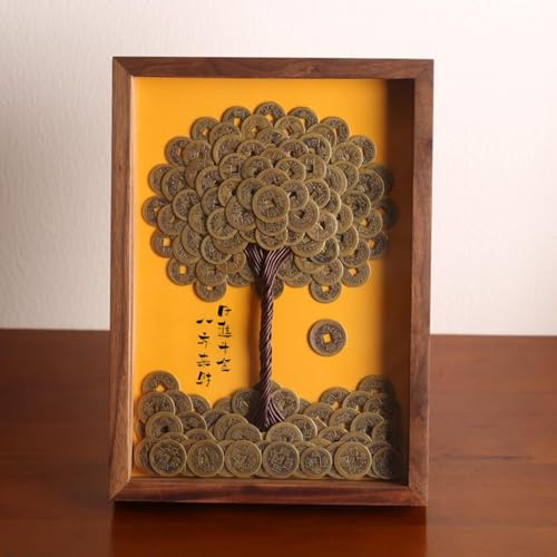 MERISHOPP Fortune Feng Shui Money Tree Frame, Brass Wealth Decor, Desktop Fortunate Gift Daily Fortune 20x15cm