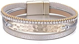 Multilayer Leather Bracelet Handmade Crystal Wrap Bangle with Magnetic Clasp Leather Wrap Bracelet