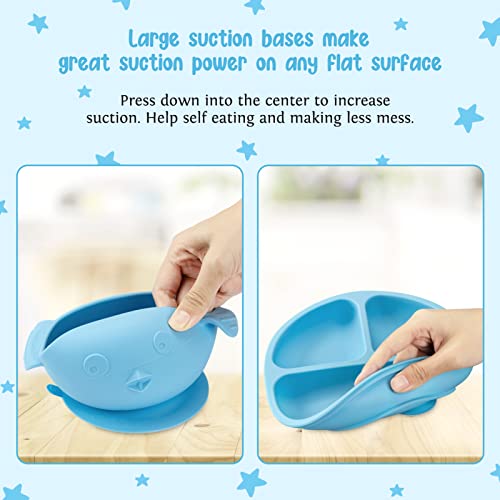 Cibeat Baby Led Weaning Supplies, 7 Pcs Silicone Toddler Feeding Utensils - Adjustable Bibs, Suction Divided Plate, Placemat, Spoon, Fork, Suction Bowls, Straw Sippy Cup - Aids Self Feeding Kit #TOP3
