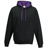 Contrast Varsity hoodie 280 gsm with Kangaroo pouch pocket, Hidden earphone cord feed ADULT chest sizes XS-34", S-36", M-40", L-44", XL-48", 2XL-52" Mens Hoodie, 80% Ringspun cotton, 20% Polyester, 280 GSM Hooded Top in Jet Black/ Purple Men's Hoodie...