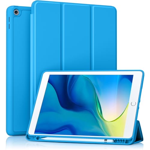 Akkerds Case Compatible with iPad 10.2 Inch 2021/2020/2019, for iPad 9th/8th/7th Generation Case with Pencil Holder, Protective Case with Soft TPU Back, Auto Sleep/Wake Cover, LightBlue