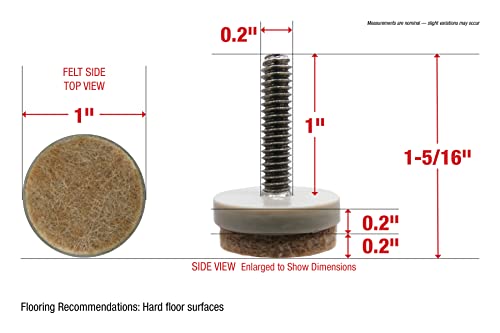 Shepherd Hardware 4-Pack 1" Threaded Felt Furniture Glides - 1/4" Stem Adjustable Leveling Feet for Wood, Tile & Laminate Floors - Tan (Includes Threaded Inserts) - Image 10