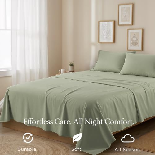 Image of Threadmill 300TC Cotton King Sheet Set, Sateen, Solid, Sage Green, 4-Piece | 100% Cotton, Sateen Weave, 4-Piece Set, 16 inch Deep Pocket, Fade-Resistant, Breathable, All-Season, Lightweight