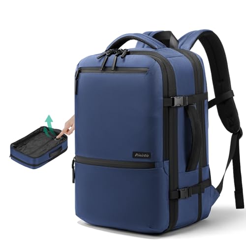 Dinictis Vacuum Seal Travel Backpack 60L Built-in Pump, Expandable Backpack with Vacuum Compression Fits 17 inch Laptop, Water Resistant Carry On Suitcase Luggage for Short Trip and Business-Blue