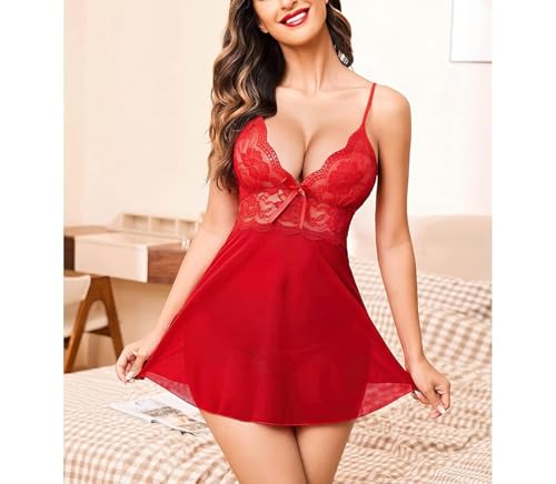 Image of Babydoll | Women's Plus Size Split Long Mesh Lingerie Dress Babydoll Chemise Sleepwear | Nightwear Sexy Above Knee Dress with G-String Panty