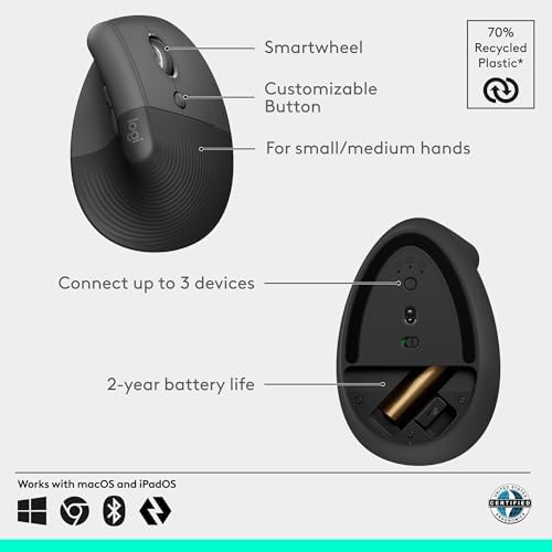 Logitech Lift Vertical Ergonomic Wireless Mouse - Graphite - 5