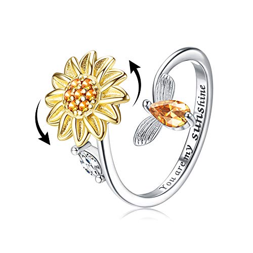 Jewenova S925 Sterling Silver Fidget Rings for Women Adjustable Open Ring Cubic Zirconia Sunflower You are My Sunshine Ring Spinner Gift for Valentine s Day