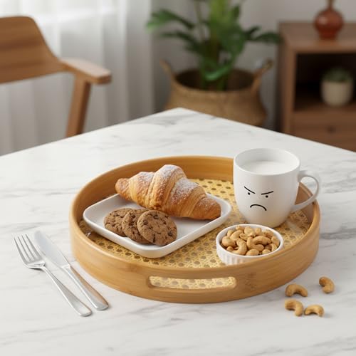 Image of Curated Cart Bamboo Serving Tray with Cut-Out Handles - Rattan Cane Woven Base - Eco-Friendly Rustic Tray for Coffee Table, Breakfast, Kitchen, Bathroom Decor - Lightweight, Durable - Round - 25cm