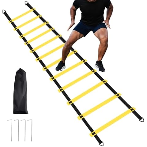 1/2/4 Pack Agility Ladder Set, 12 Rungs Agility Ladder Set, Speed Training Ladder with Steel Stakes and Carry Bag for Soccer, Speed Fitness Feet Training (1 Pack, 12 Rungs) Cover