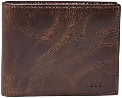 Fossil Men's Wallet, Derrick Leather RFID-Blocking Wallet, Bifold with Flip ID, Dark Brown