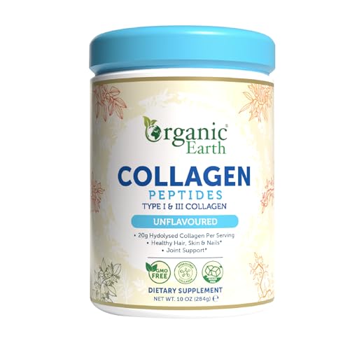 Organic Earth Type I & III Collagen Peptides Powder, 284 Grams (unflavoured) | With 20gm Hydolysed Collagen Per Serving | For Healthy Hair, Skin, Nails & Joint Support | GMO Free & Sugar free