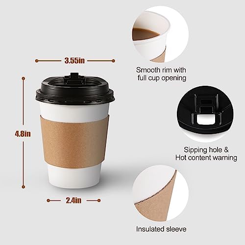 120 Pack Paper Coffee Cups Disposable Paper Party Cups Bulk to Go Hot/Cold Beverage Drinking Cups with Lids, Sleeves, Straws Paper Cups Bundle for Party Travel Home Restaurant Cafe (White, 12 oz) — view 3