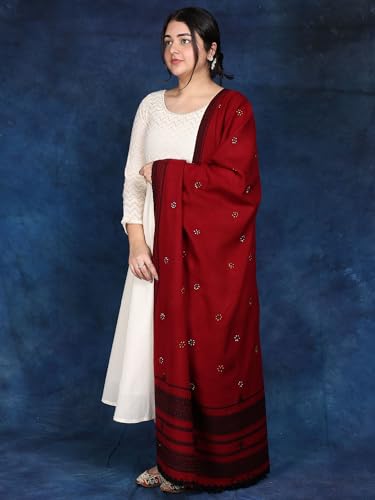 Shawl from Kutch with Embroidered Flowers and Mirrors - Wool3