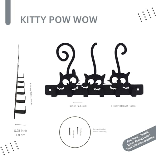 Image of Key Holder for Home, Metal Wall Mounted, 6 Hooks (Cat Duo) | Cat Design, Includes Mounting Screws, For Home Use, 6 Hook Hanger, Metal Construction