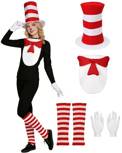 SOOFILM Cat Costume 4PCS Accessories Red Set Tall Hat Bow Tie Gloves and Leg Warmers for World Book Day Halloween Cosplay (Classic)