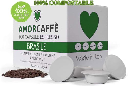 AMORCAFFÈ 100% Arabica 100 Compostable Coffee Capsules Compatible with Lavazza A Modo Mio Pods - Brasil - Plastic free Strength 5/10