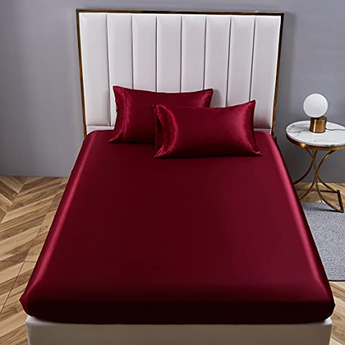 Damier Spannbettlaken 120x200cm Rot Weinrot Satin Seide Glänzend Bettlaken Hochwertiges Deluxe Unifarben Spannbetttuch… – Ansicht 3