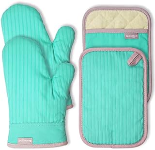 Coziselect Oven Gloves, Heat Resistant Oven Gloves and Pot Holder Set, Silicone Non-Slip Design, Suitable for Cooking, Baking, Grilling, Green