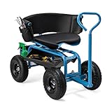Goplus Garden Seat with Wheels, Rolling Gardening Stool with Adjustable 360° Swivel Seat, Tool Tray & Storage Basket, Extendable Handle, Outdoor Gardening Scooter, Garden Cart Workseat for Seniors