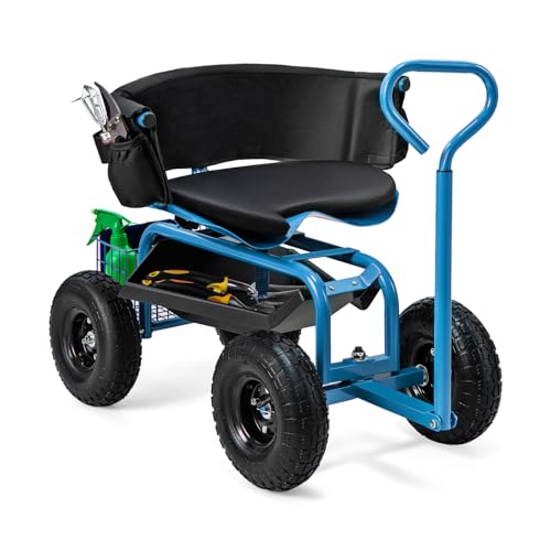 Goplus Garden Seat with Wheels Rolling Gardening Stool with Adjustable 360 Swivel Seat Tool Tray & Storage Basket Extendable Handle Outdoor Gardening Scooter Garden Cart Workseat for Seniors