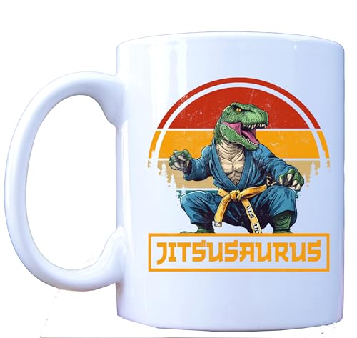 Millhouse Prints Jitsusaurus Mug – Funny Jiu Jitsu Dinosaur Coffee Mug for Martial Arts Fans – Retro BJJ Fighter Cup – 11oz Ceramic