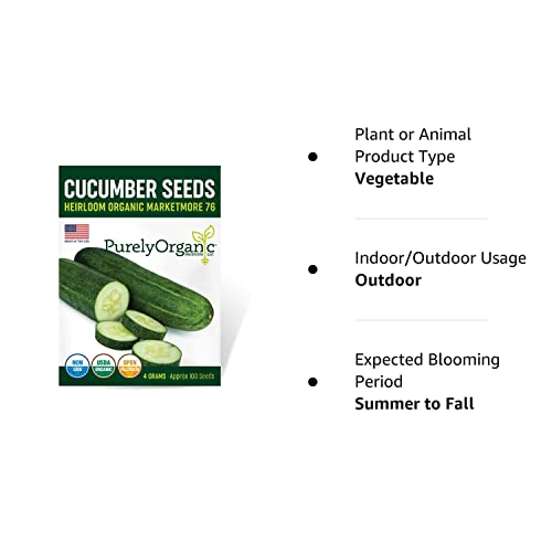 Purely Organic Products Purely Organic Heirloom Cucumber Seeds (Marketmore 76) - Approx 140 Seeds - Certified Organic, Non-Gmo, Open Pollinated, Heirloom, Usa Origin #TOP7
