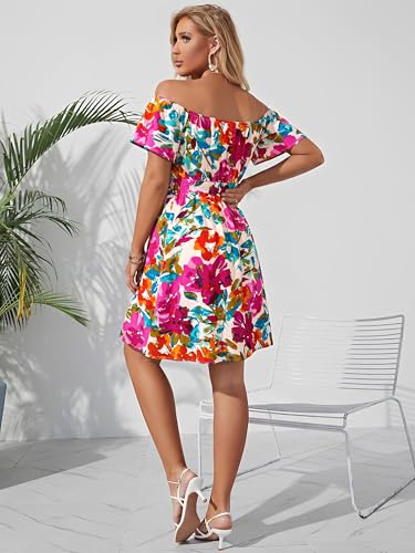Image of Off Shoulder Ruffle Dress for Women, A-Line Mini Dress with Belt, Fitted Bust Summer Wedding Guest Dress