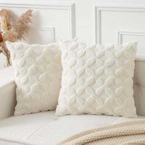 Kevin Textile Soft Faux Fur Throw Pillow Covers 20x20 Inch Set of 2 Decorative Fluffy Couch Throw Pillows Boho Pattern Plush Wool Pillowcases for Bedroom Living Room Sofa Home Decor, Cream White Cover