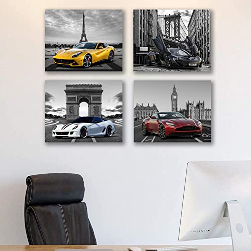 Car Posters Mclaren Bentley Ferrari Poster Paris Eiffel Tower, Big Ben, Brooklyn Bridge, Louvre, Car Wall Art Set Of 4 Unframed (8X10 In) Black White Wall Decor #TOP6