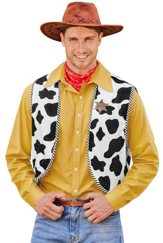 Arvilhill Mens Cow Print Vest Open Front Sleeveless Sheriff Woody Costume Adult 3 Pcs Cowboy Vests 2025 Halloween Cow Graphic Vest Red Scarf Star Police Badge Cosplay Outfit Theme Party S
