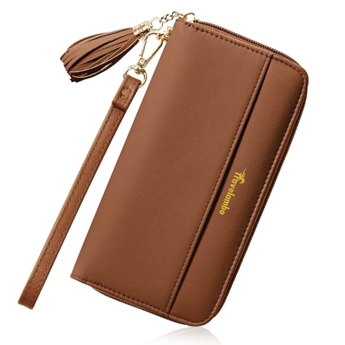 Travelambo Womens Wallet Tassel Bifold Ladies Clutch Wristlet Wrist strap Long Purse (Access Tan)